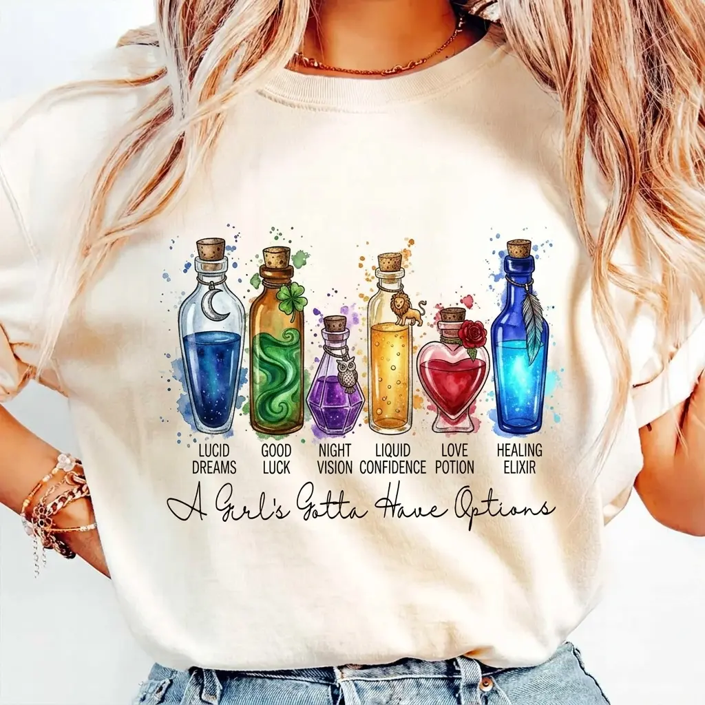 A Girl’s Gotta Have Options Potion Comfort Colors Shirt, Witchy Magic Bottle Graphic Tee, Cute Spooky Halloween Shirt