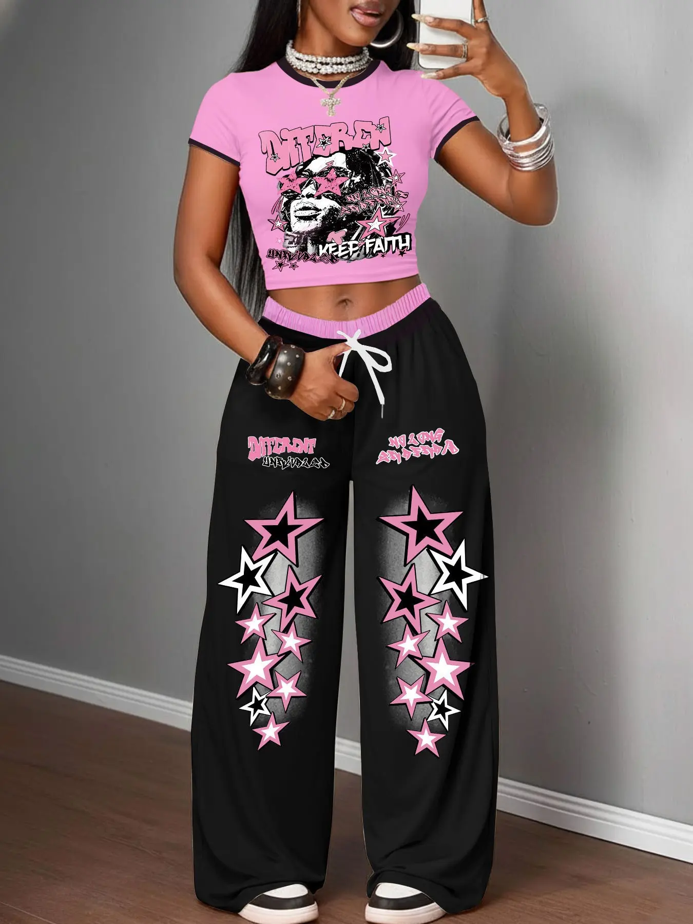 Women's Y2K Style Letter Tee + Wide Leg Pants Set, Streetwear Sexy Sportswear, Athleisure Clothes, Short Top Long Pants Set, Urban Fashion, Sport Casual Outfit, Athleisure Workout Set, Casual Activewear Set, Casual Sporty Set