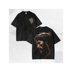 Vintage Washed Jesus Christ Crown of Thorns Graphic Double Sided T Shirt Oversized Cotton Crewneck Short Sleeve Streetwear Casual Top Dark Religious Aesthetic Loose Fit Tee for Men Women Daily Wear