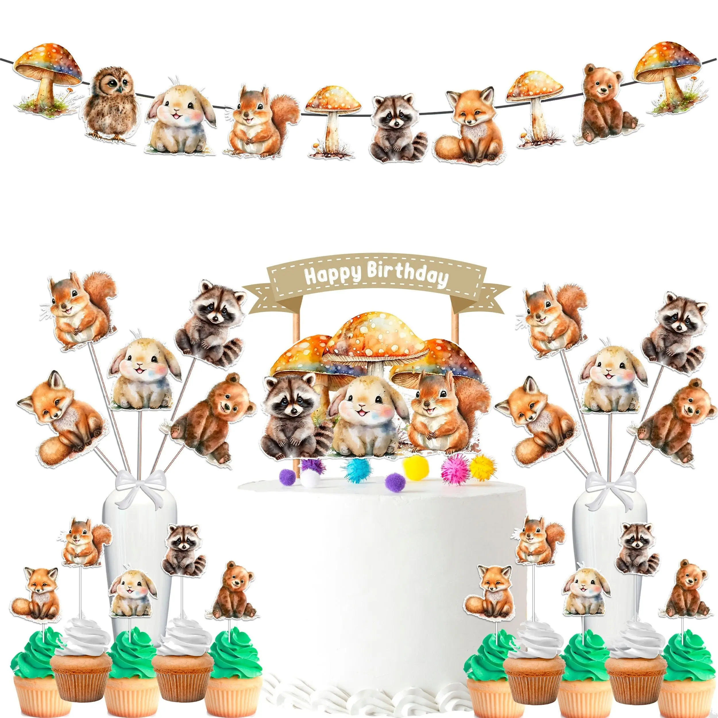 Enchanting Woodland Creatures Birthday Party Decor Set - Forest Cake Topper, Cupcake Toppers, Centerpieces, & Banner - Celebrate with Whimsical Nature Friends