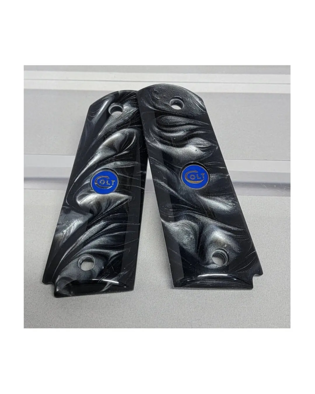 1911 Grips Acrylic Pearl Black w/Blue Colt Medallions   Panels