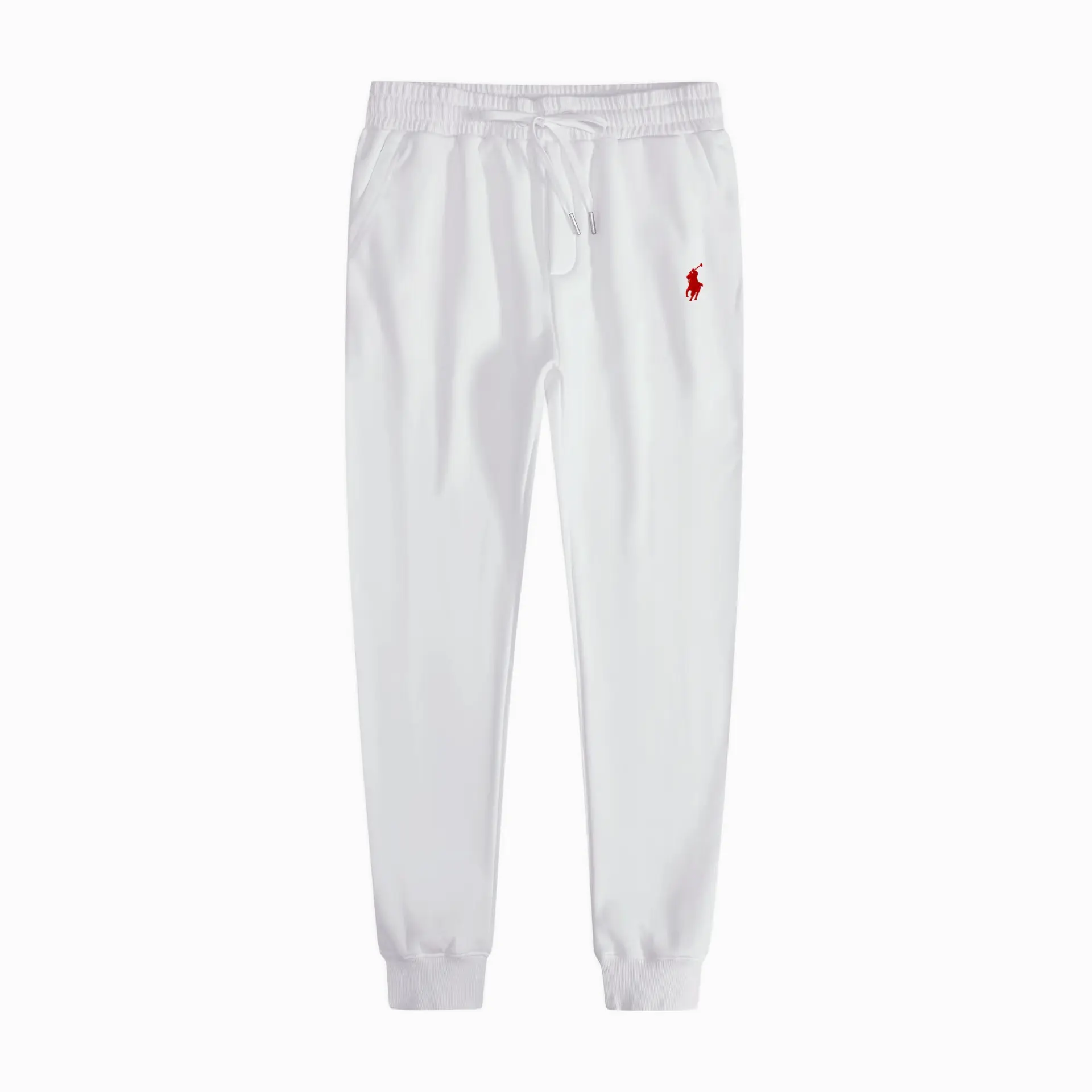 White and red label on sweatpants