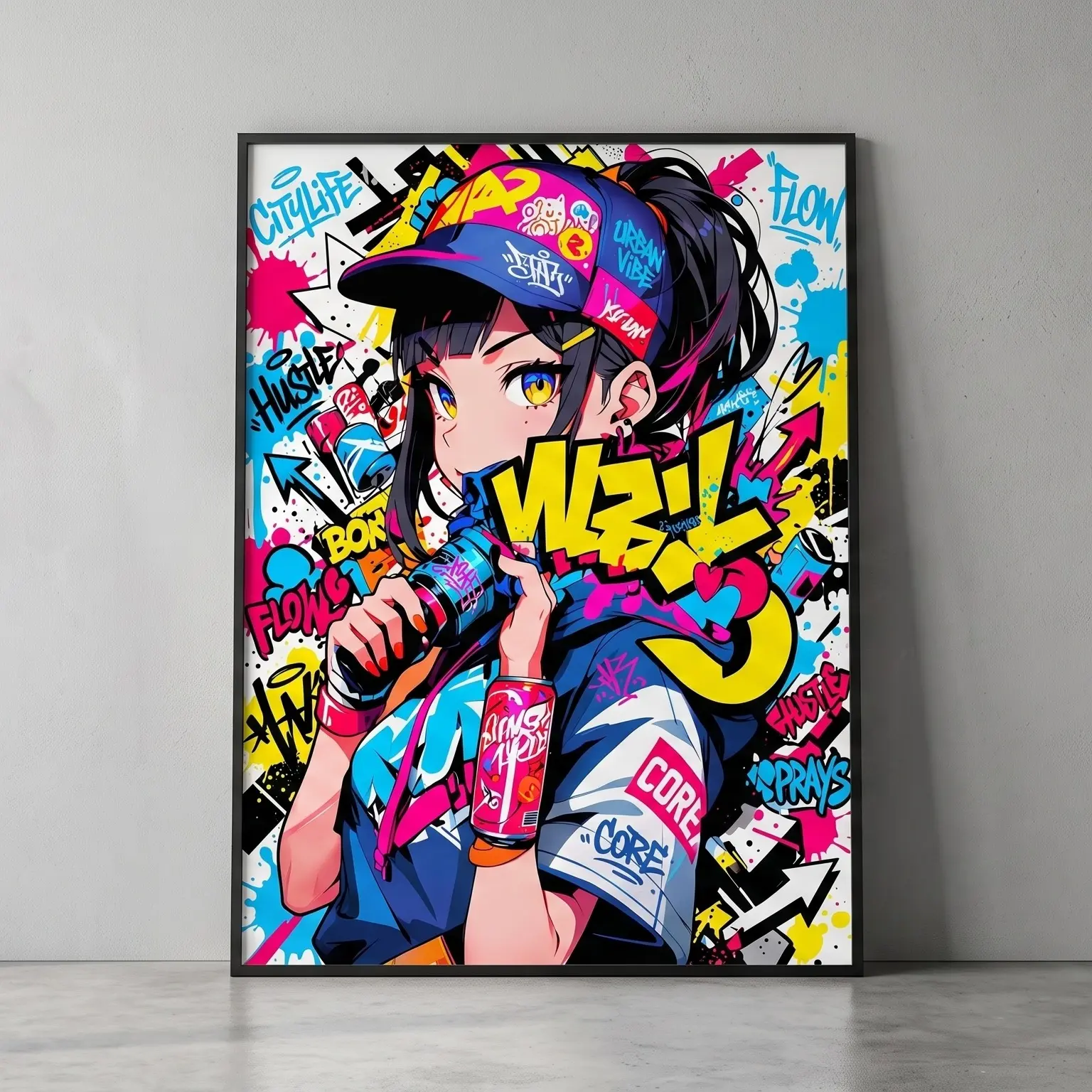 Cyberpunk Anime Graffiti Girl Wall Art Print, Streetwear Aesthetic Neon Poster, Cute Cat & Pop Culture Sticker Collage Decor for Bedroom, Gaming Room, Unframed