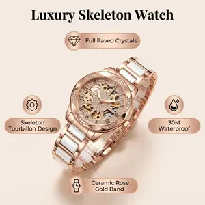 Luxurious Rose Gold Women's Skeleton Quartz Watch — Full-Diamond, Water-Resistant Wristwatch — The Ideal Gift for Birthdays and Anniversaries