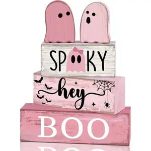 4 Pcs Pink Halloween Decor Ghost Table Decorations Halloween Tiered Tray Decor Farmhouse Ghost Tabletop Centerpiece Rustic Pink Block Sign Gift for Home Kitchen Shelf Office Mantel