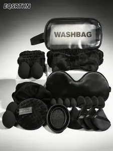 High-end black skincare and beauty storage set An all-round good product suitable for both travel and home use! From toiletry bags, hair ties to beauty sponges, facial cleansing sponges, everything is available in one stop. The high-end matte black textur