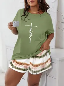 Women's Casual 2-Piece Set, Round Neck Printed Short Sleeve Top + Loose Pants, Summer, Comfortable & Stylish Clothing