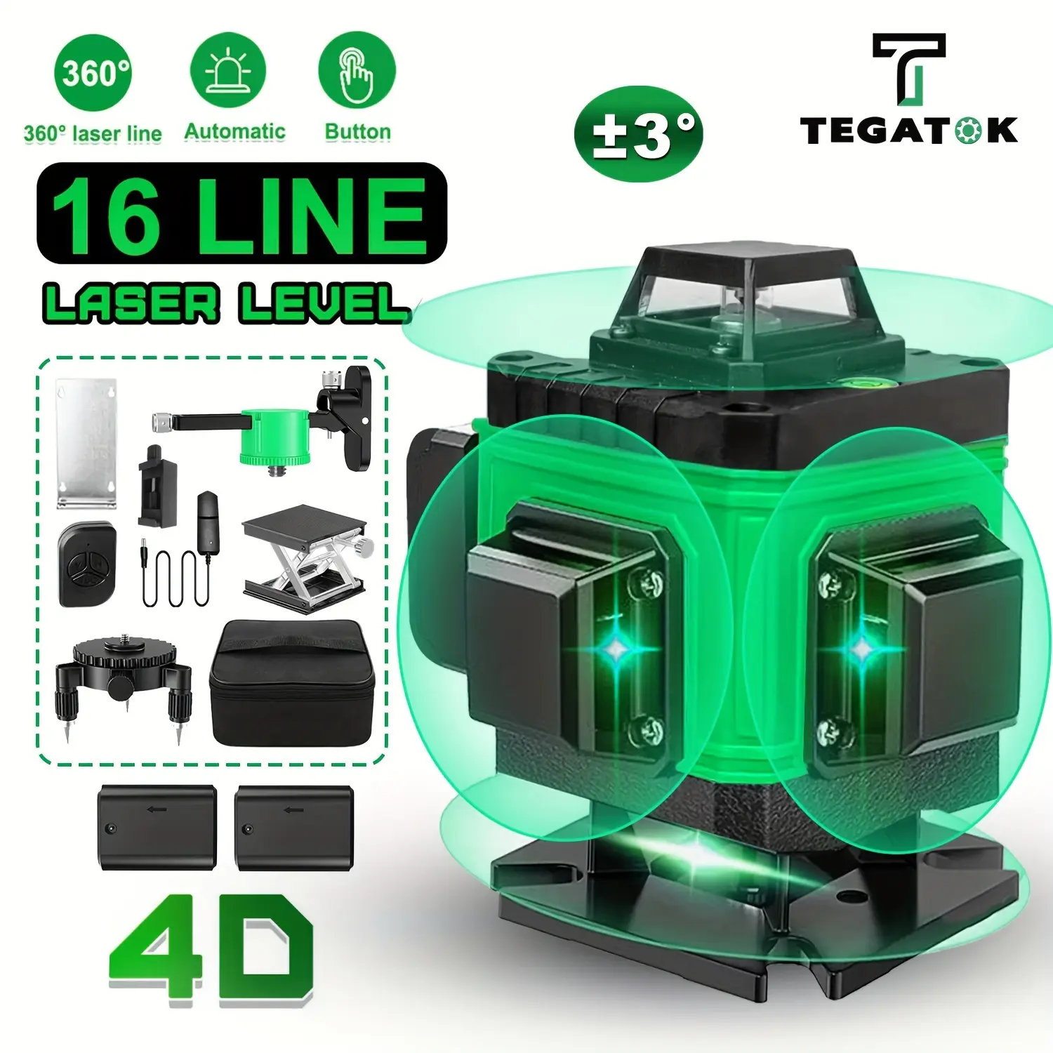 Tegatok 4D Laser Level - 16-Line 360° Automatic Self-Leveling Rotary Cross Line Measure with Button Operation & 2 Batteries