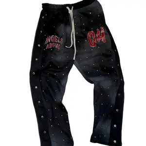 Angels Above Rhinestone Sweatpants With Buttons Black And Red Fashionable Drawstring Pants For Stylish Wear Baggy Gradient Cotton streetwear