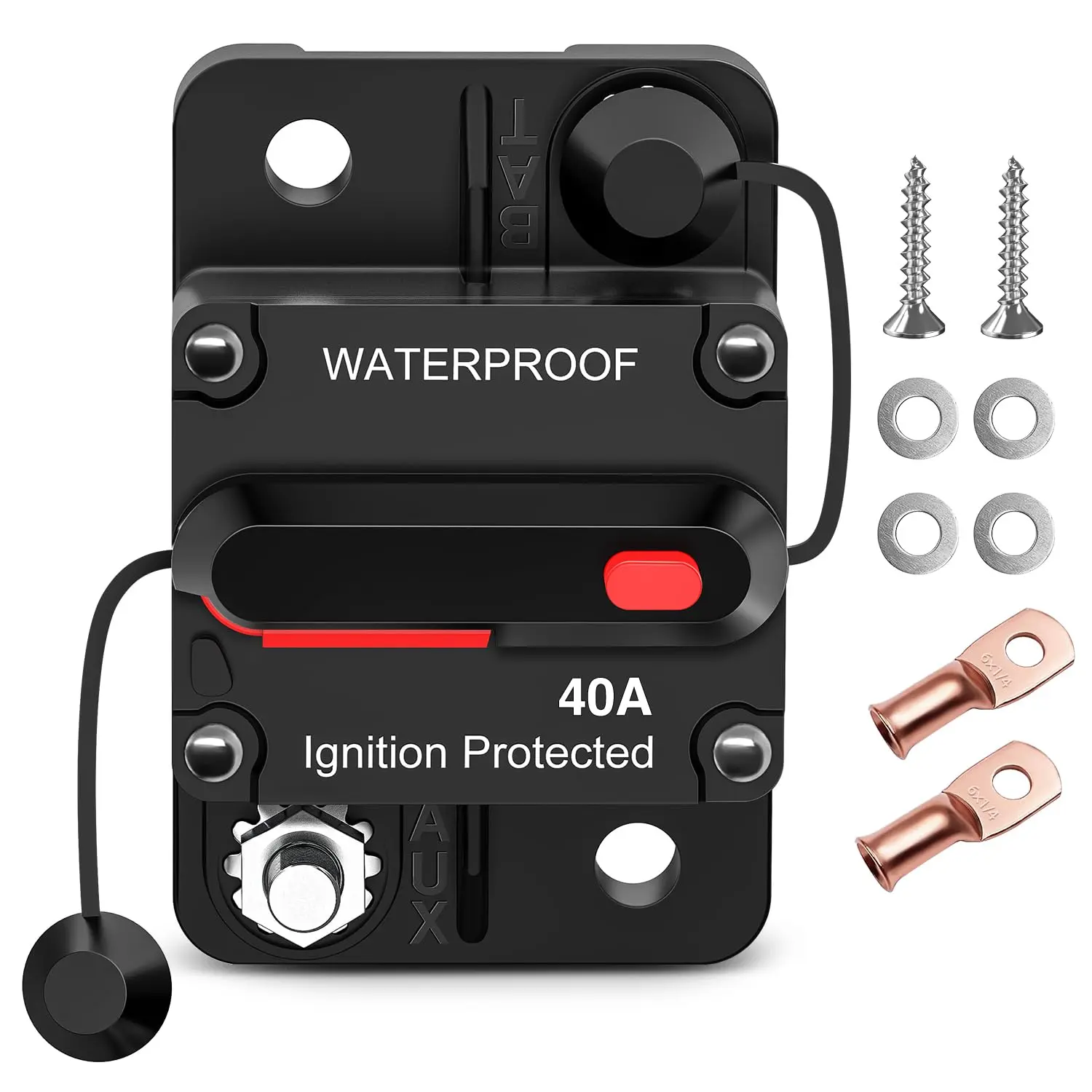 Nilight 40A Resettable Circuit Breaker Protector, 12-48V DC Manual Reset with Reset Button, Copper Wire Lugs, Surface Mount Overload Protection, Easy Installation for Car Audio Amplifiers, Transportation RVs
