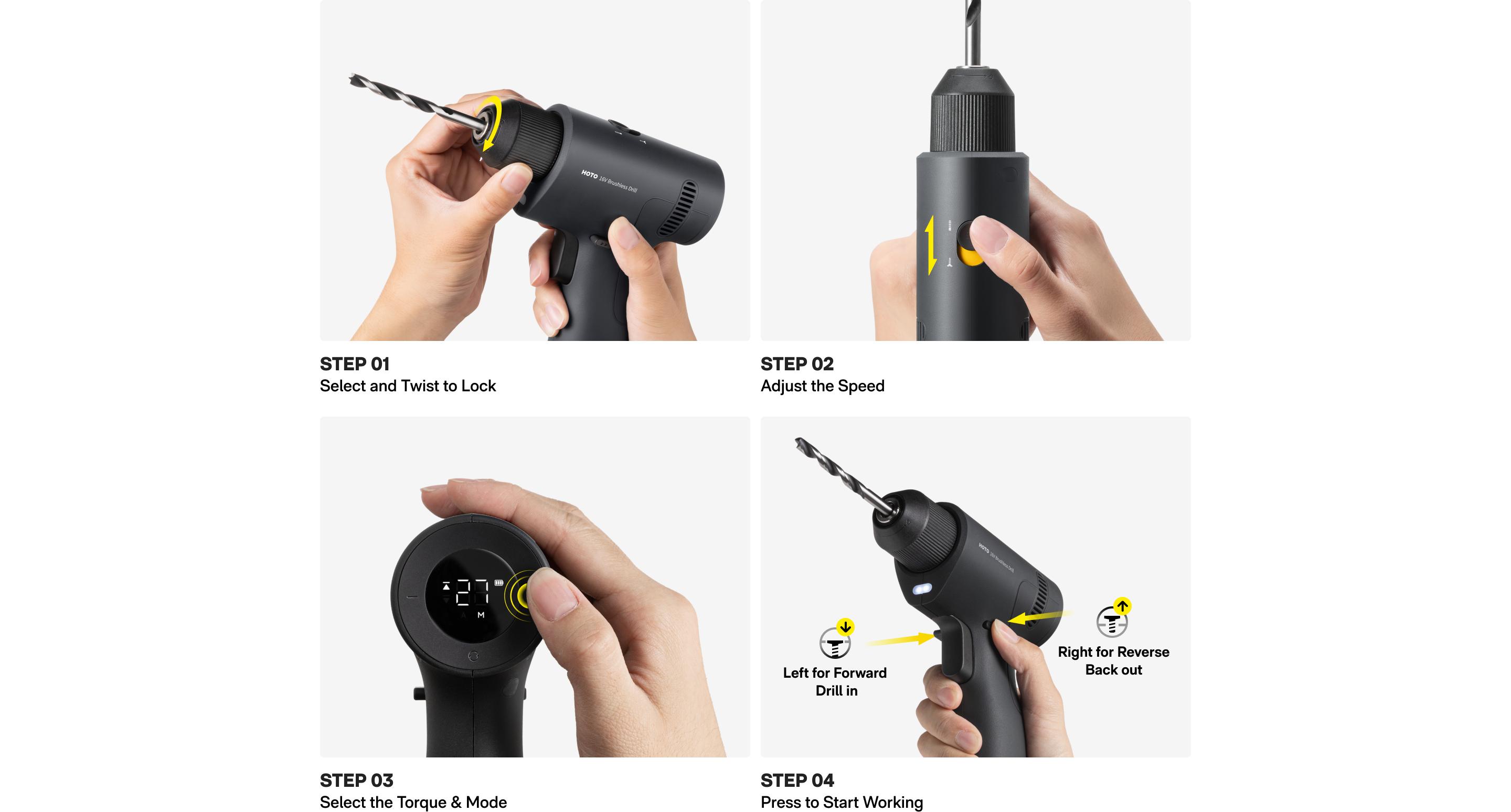 HOTO 16V Brushless Power Drill, 50 N·m High Torque with Smart Display, Auto Mode and LED Light, 10 Bits, 5 Drill Bits, 3/8” Keyless Chuck, Two Working Modes, Perfect for Home Repairs and Projects HOTO 16V Brushless Power Drill, 50 N·m High Torque with Smart Display, Auto Mode and LED Light, 10 Bits, 5 Drill Bits, 3/8” Keyless Chuck, Two Working Modes, Perfect for Home Repairs and Projects