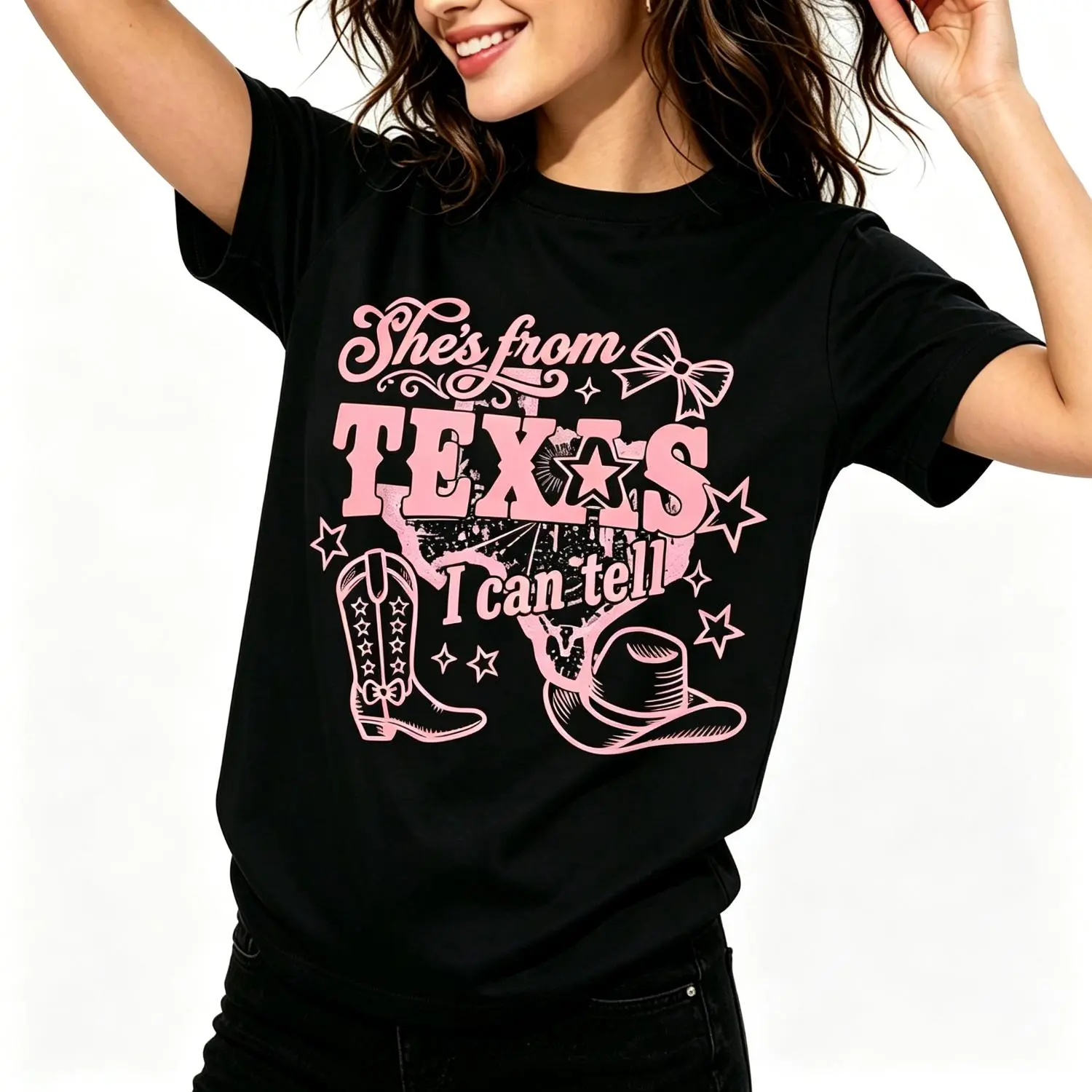 Women's Vintage Southern Cowgirl Loose-Fitting Round Neck Shortsleeve Cotton Graphic T-Shirt - Soft, Breathable Style for Casual Everyday Wear with "She’s from Texas, I can tell" Print