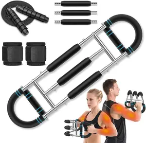 Double triple-spring twisting arm trainer, adjustable resistance, Chest Arm Shoulder Workout Equipment, portable and detachable twisting arm trainer, Adjustable grips and mechanical counte，gym/home chest expander (blue)