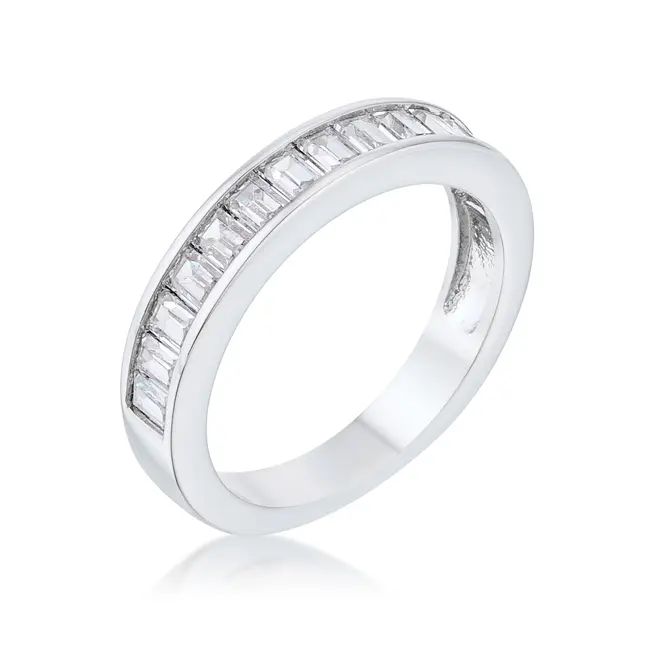 Rhodium Plated Baguette Cut Cubic Zirconia Wedding Ring - Clear, Size 9 Ring