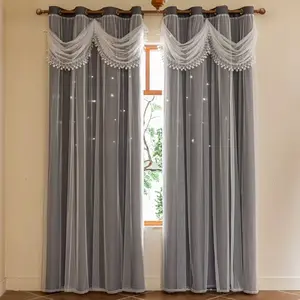 Modern Minimalist Star Print Blackout Curtain, Lace Wave Trim, Full Light Blocking Double Layer Drapes for Living Room Decor
