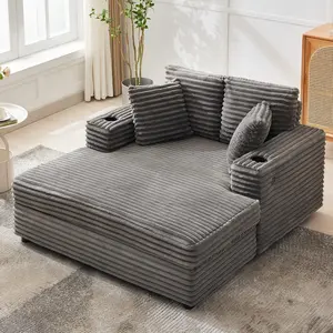 Garvee 60" Oversized Corduroy Upholstered Chaise Lounge Chair with Sleeper Sofa Bed, Cup Holder, Charging Port, Throw Pillows, and Wide Arms for Living Room or Bedroom in Gray