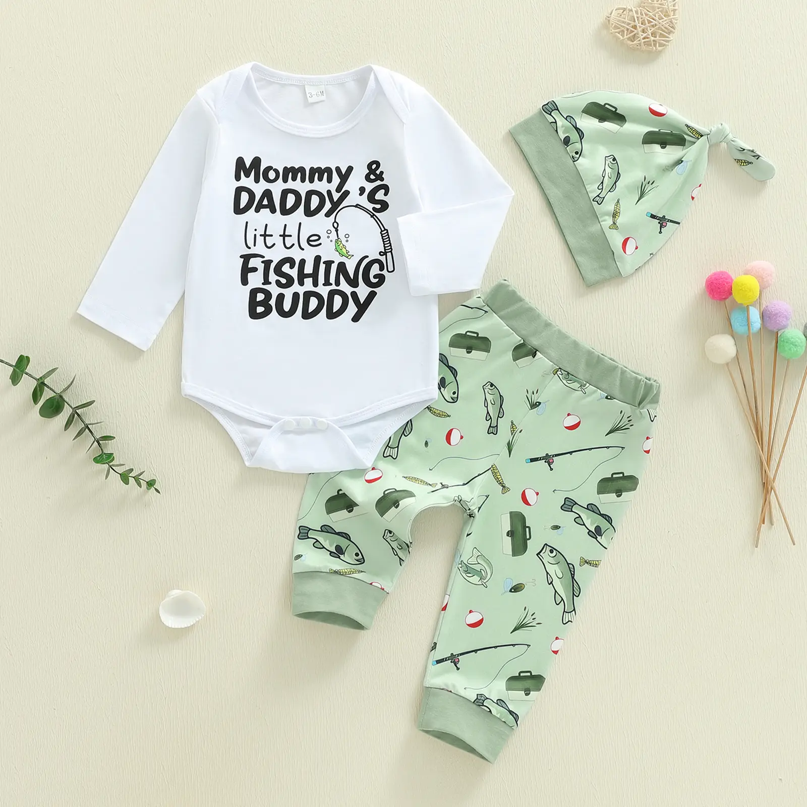 Newborn Baby Boy Clothes Letter Print Long Sleeve Romper Fish Pattern Long Pants and Hat Fall Winter Outfit 0-12 Months