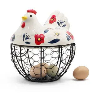 Farmhouse Style Ceramic Chicken Egg Basket with Metal Wire and Lid – Rustic Kitchen summervibes, easter baskets