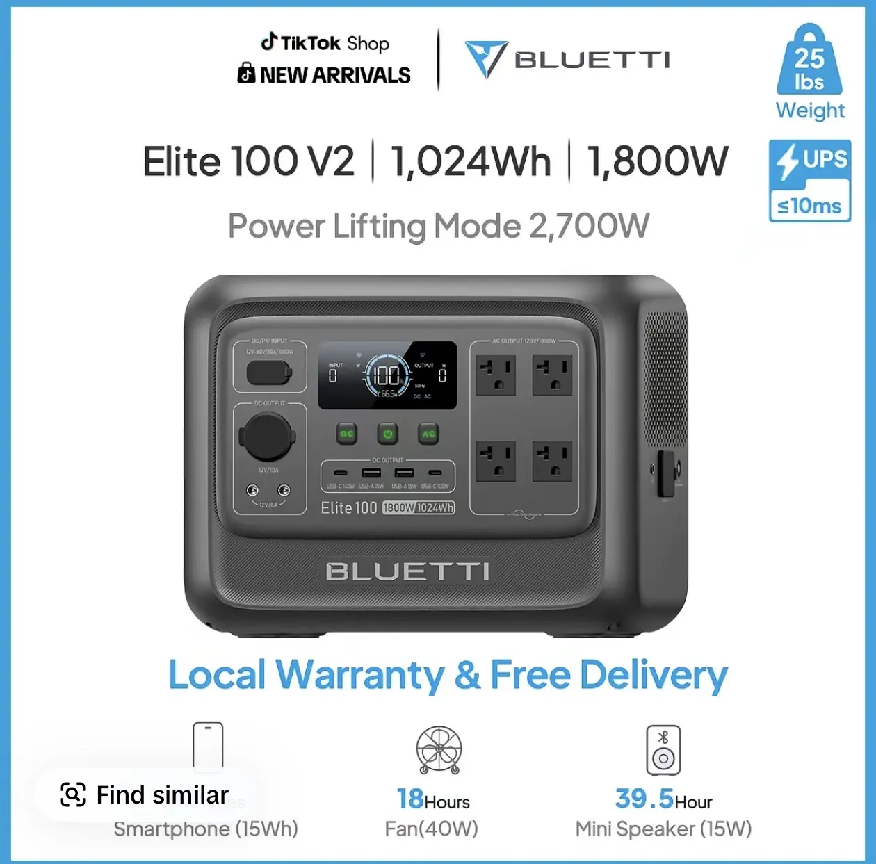 BLUETTI Elite 100 V2 LiFePO4 Portable Power Station (1024Wh) - 4x1800W AC Outlets (3600W Surge), 35% Smaller Backup Solar Generator for Camping, Outages (Solar Panel Optional)