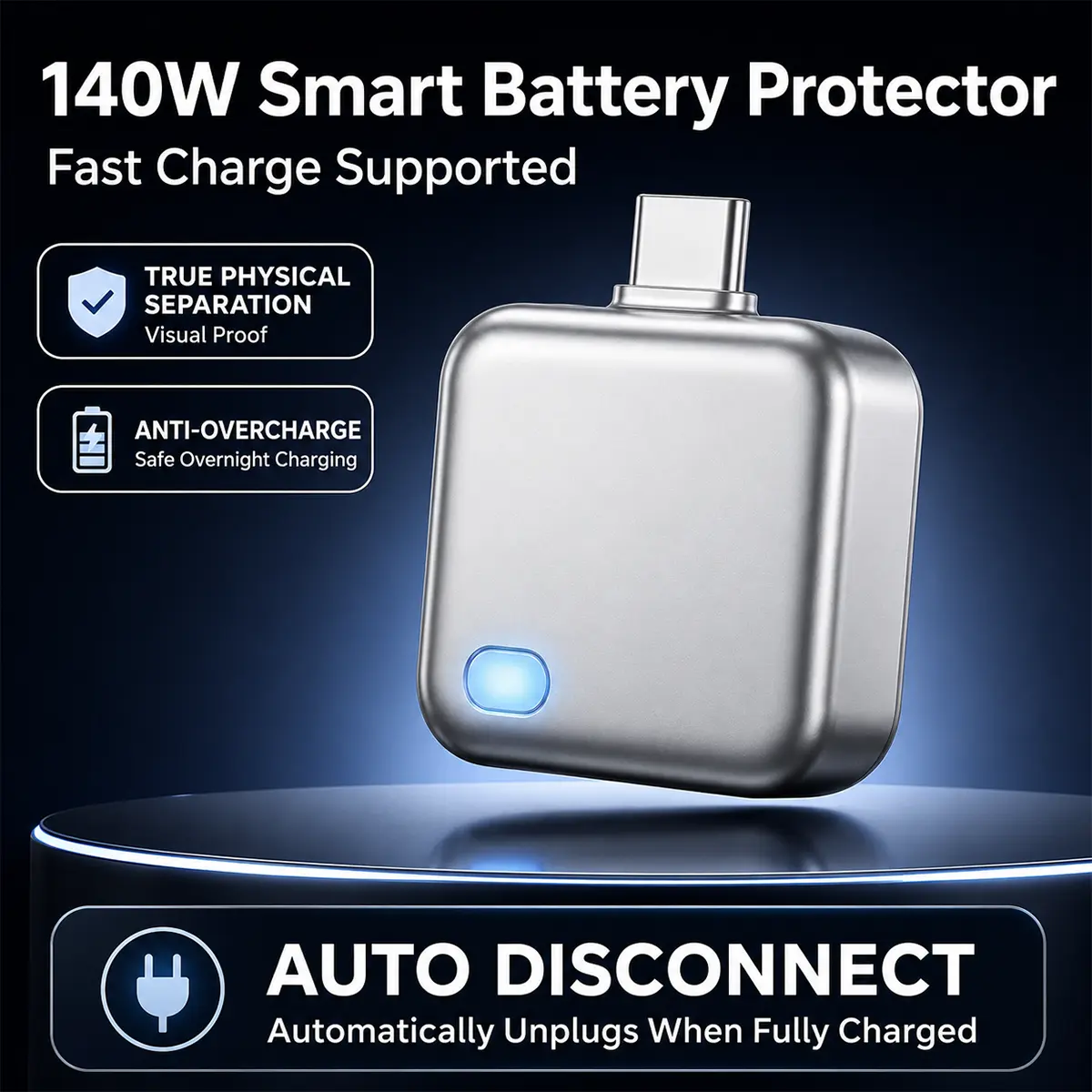 140W Type-C Physical-Disconnect Battery Guard - Auto & Self-Eject Charger, Smart Auto-Stop Charging Accessory for Mobile Smartphones, Laptops, Tablets, Anti-Overcharge Tech for Safe Overnight Use, Gift for Chargeable Devices