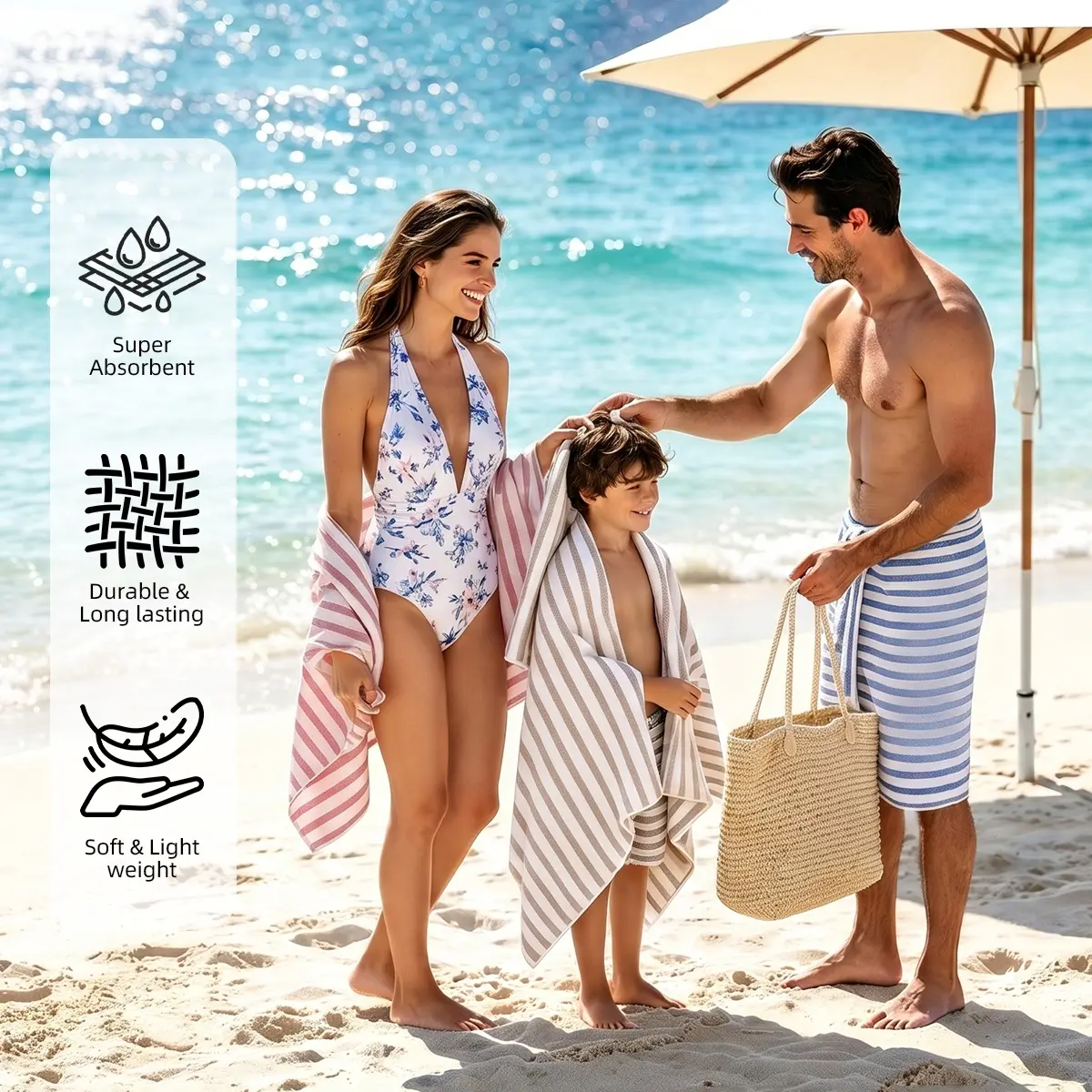Microfiber Beach Towels, 30"x60", Large Bath Towel Cabana Stripe- Absorbent Quick Dry, No Fading, No Linting for Hair Wrap, Sauna, Pool, Sport, Yoga, Camping, Swimming