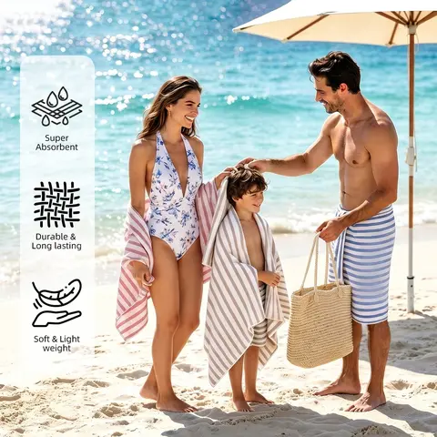 Microfiber Bath Towels - 30"x60" Full-Sized Cabana Striped, Absorbent, Quick-Dry, Fade-Resistant, Lint Free, Breathable, Machine Washable, Multifunctional, Shed-Free, Ideal for Pool-to-Yoga Use, New Home Bathroom Supplies, Striped Beach Towels
