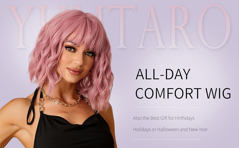 Pastel Pink Wavy Bob Wig for Women, Short Shoulder Length Synthetic Wig with Bangs, Natural Looking Lightweight Hairpiece for Gift & Cosplay Costume Party