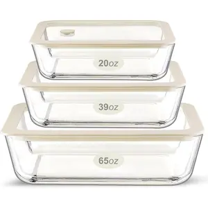 Green Glass Food Container Set with Glass Lid, 3 Pack, Meal Prep Containers with Silicone Framed Airtight Lid, Leakproof, 100% Plastic Free,