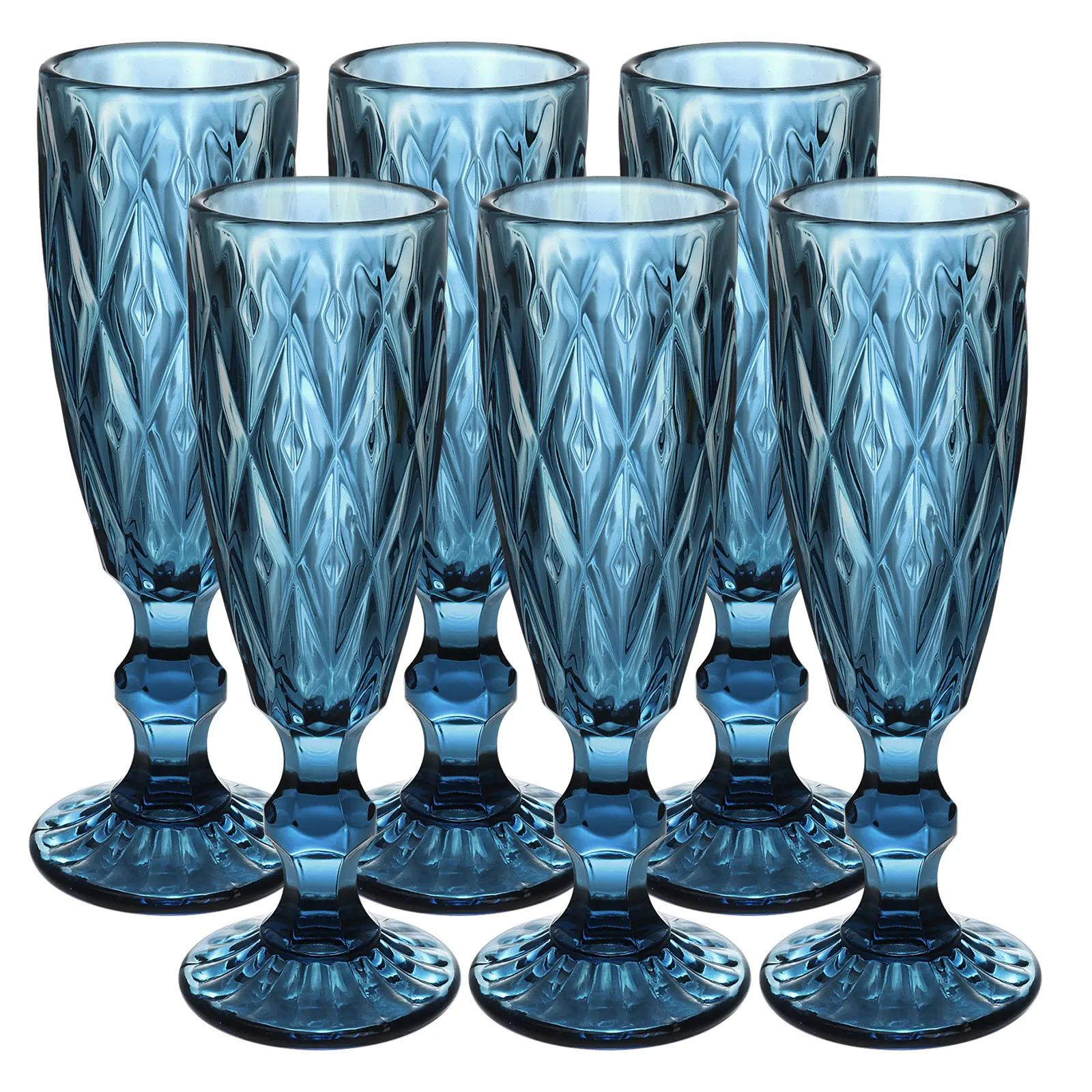 Vintage Glass Champagne Flutes Set of 6 5 Ounces Embossed Wine Glasses Blue Sparkling Wine Water Goblets for Champagne Cava Prosecco Party Anniversaries Bar