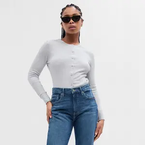 Crewneck Cardigan Soft Cotton Knit Long Sleeves Ribbed Banded Cuffs Ethical Manufacturing for Gender Equity