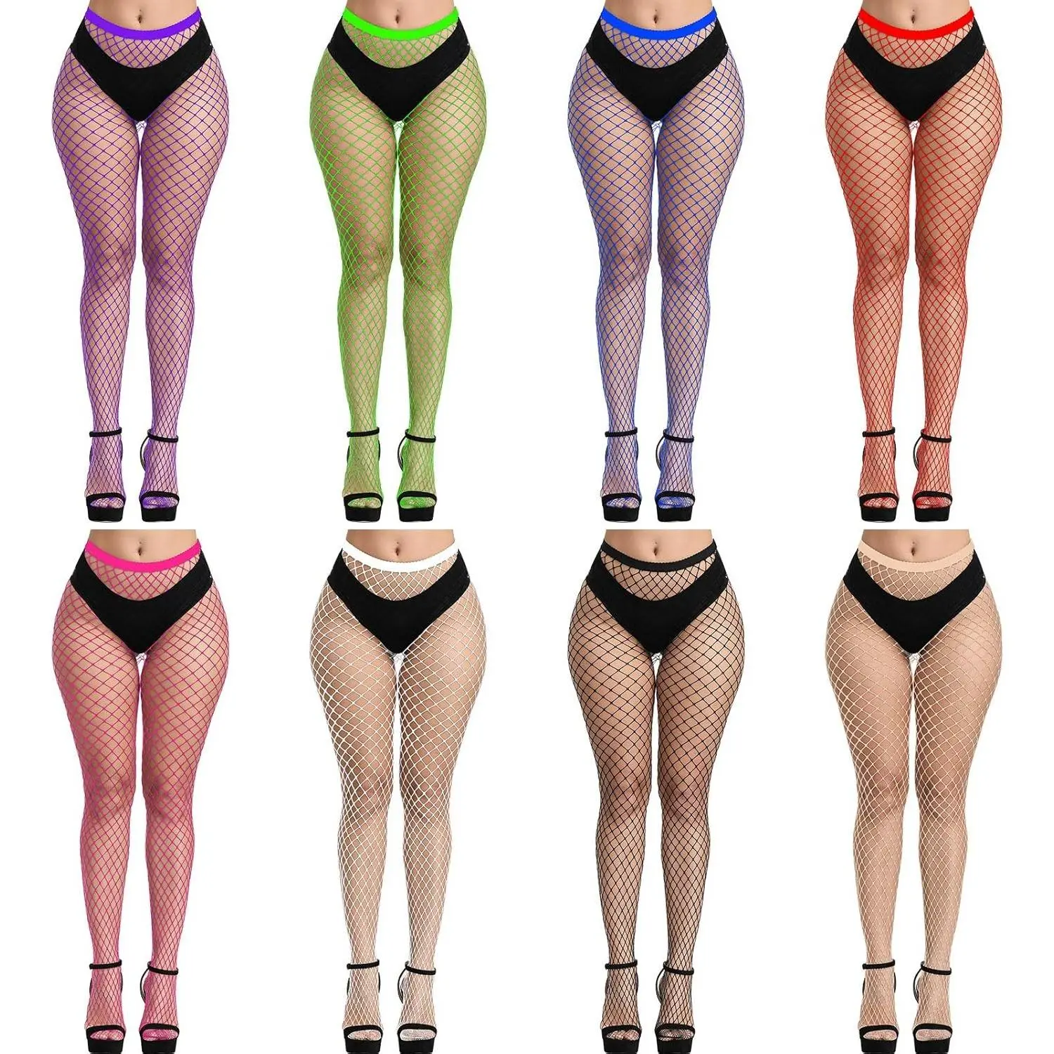 MIAHART 8-Pack Colorful Fishnet Stockings for Women, High-Waisted Stretchy Tights, Assorted Color Set, One Size Fits Most, Y2K Fashion, Halloween Outfit, Christmas Party, Festival & Everyday Wear