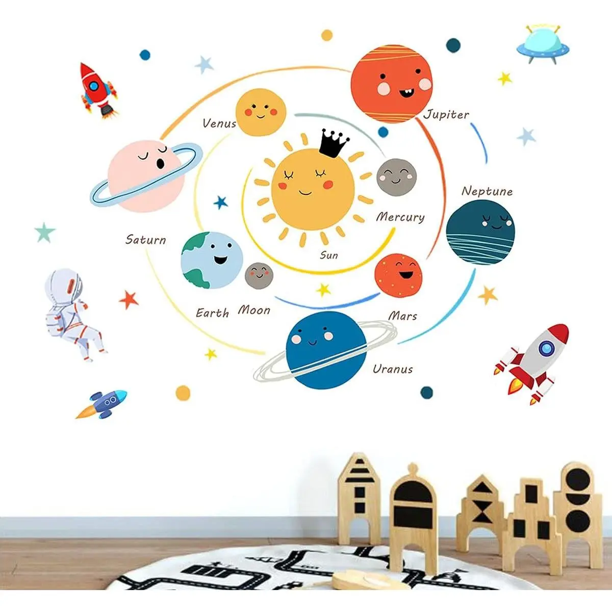 P-WPA021   Space Planet Wall Decals Wall Stickers Kids,Cute Educational Wall Stickers for Daycare,Nursery,Playroom,Babyroom,Classroom,School. Decorative Smooth