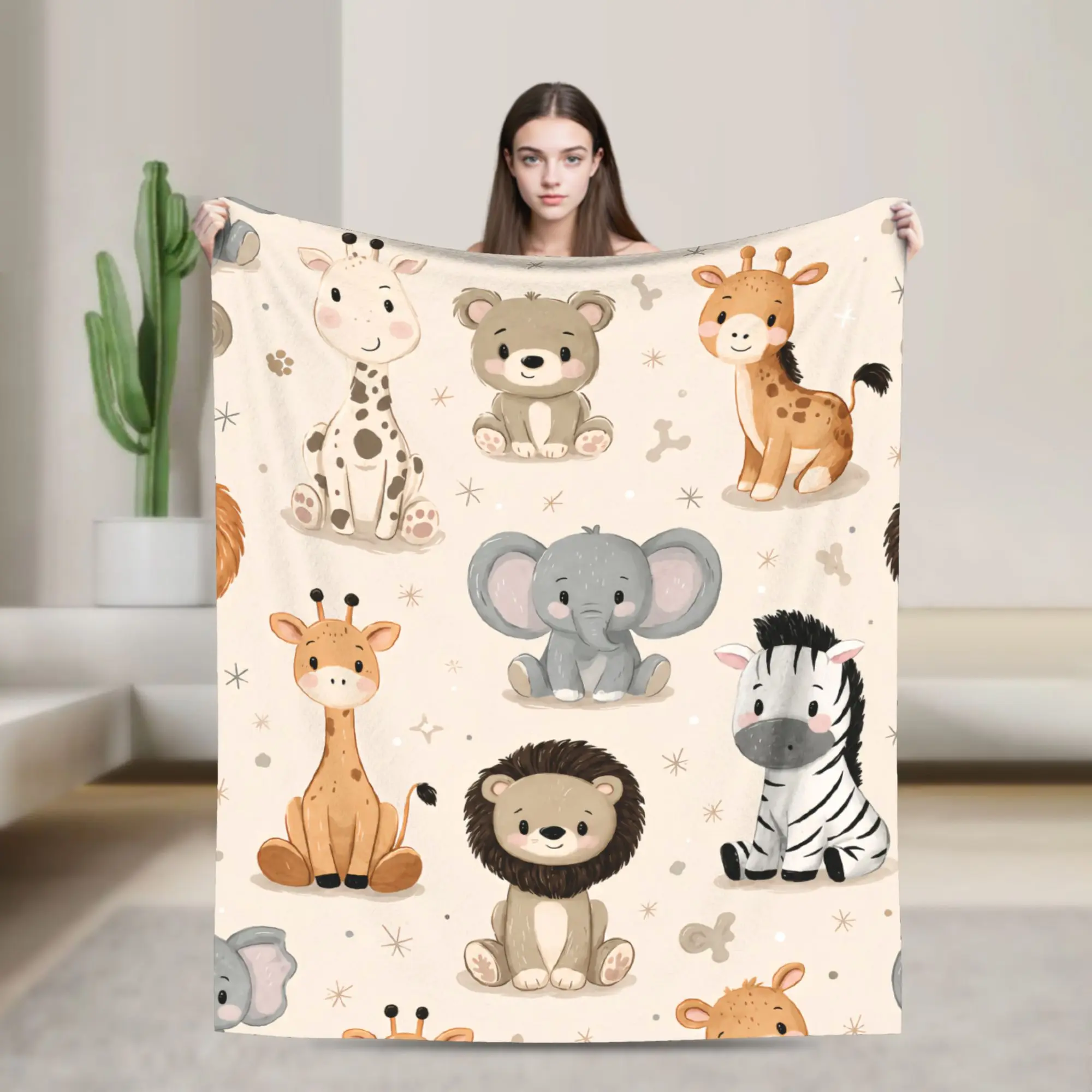 Safari Animals Flannel Plush Throw Blanket - Large, Oversized, Soft Cozy Warm, Watercolor Lion Elephant Giraffe Design, Neutral Nursery Crib Stroller Decor, Baby Shower Gift for Newborn Toddler, Large Blanket Throws, Oversized Blanket Throws
