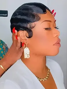 6 Inches Pixie Cut Glueless Human Hair Wig, Ocean Wave Texture, Machine-Made, Short Curly Wigs for Women, Casual Style