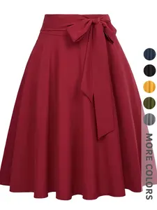 New Spring Summer Women's Solid Color Midi Skirt High Waist Zipper Design Umbrella Hem Bow Belt Elegant Fashion Commuter Versatile