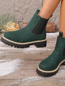 Women's Chelsea Boots, Spring & Fall New Inner Height Increase Thick Sole Rubber Sole Boots, Casual Round Toe Mid-Calf Short Boot