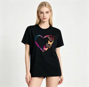 Women's Butterfly & Heart Print Drop Shoulder Tee, Fashion Casual Round Neck Half Sleeve T-Shirt Cotton for Daily Wear, Ladies Clothes for All Seasons, Womenswear