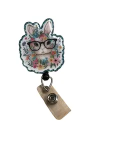 Bunny with Glasses Badge Reel, Nurse ID, Student ID, Employee ID, acrylic, glitter, resin