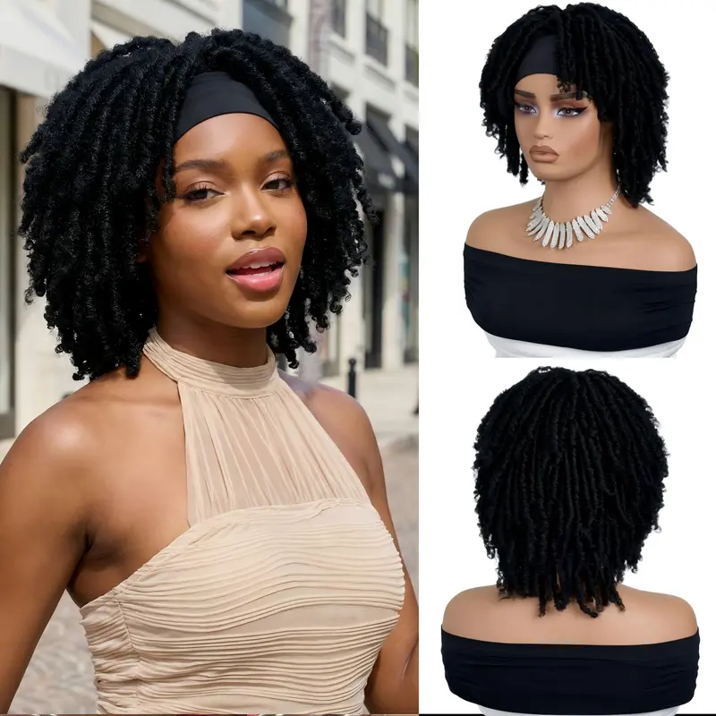 Ourwigs Glueless Adjustable Fit Headband Wig - Short Twist Afro Kinky Synthetic Full Machine Wig with Faux Locs, Braids Hairstyles, Heat-Resistant, Comfortable Realistic Texture for Women's Daily Life, TikTok