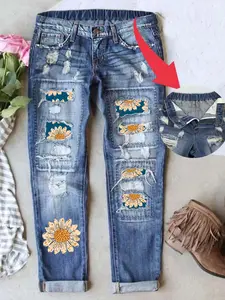 Women's Valentine's Day Patch Ripped Distressed Mid-Waist Boyfriend Fit Washed Ditsy Floral Print Loose Denim Jeans Elastic Waistband Breathable Comfort Fabric All Seasons Wear