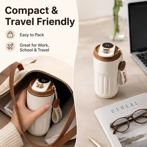Smart Temperature Display Mug, Portable Insulated Coffee and Water Bottle with Carry Strap, Leak-Resistant Travel Drinkware for Gym, Office, Car and Daily Use
