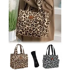 Tiger Print Reusable Tote Lunch Bag, Portable Meal Box Storage, Cutlery Pouch, Dual Pocket Large Capacity, Student Travel Picnic Bag