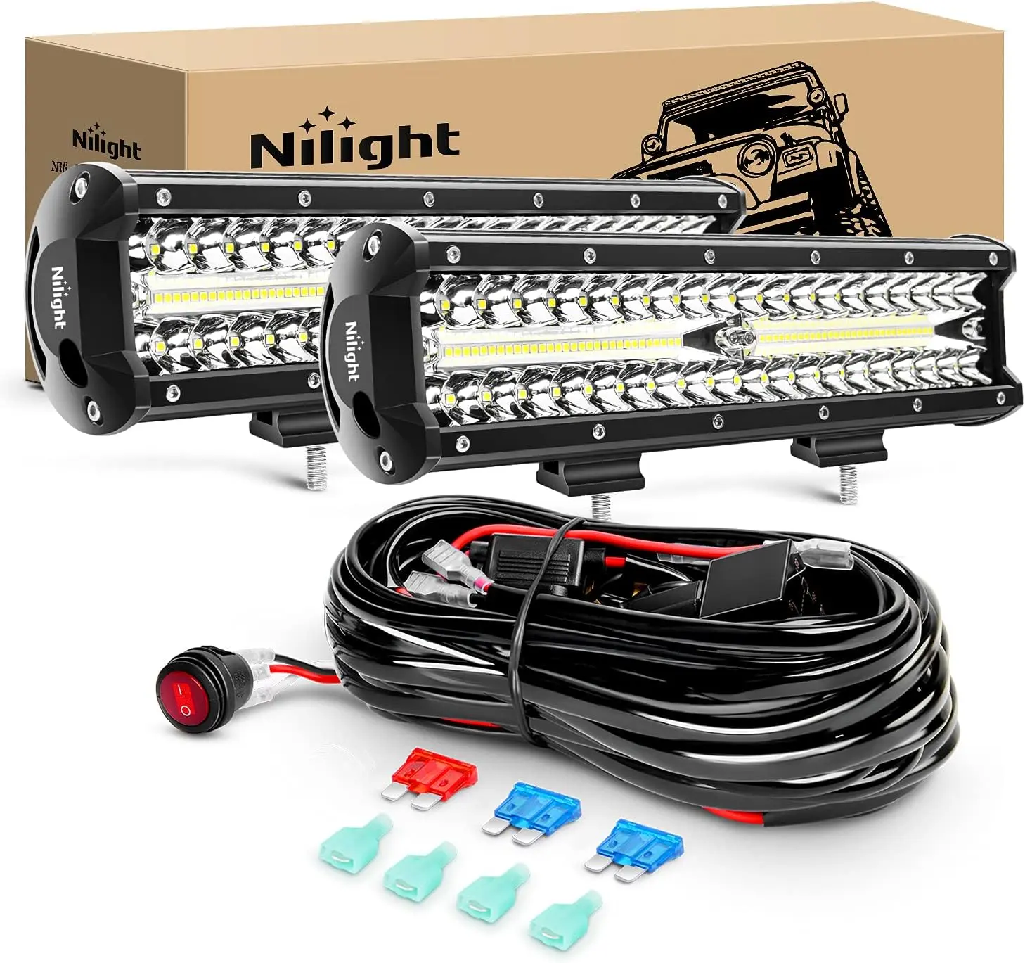 Nilight 2Pcs 12In 300W Spot-Flood Combo LED Car Lights, 30000LM Aluminum Driving Lights with Off-Road 2-Lead Wiring Harness Kit & Mounting Brackets, Truck-Compatible, Trailer Light Kit