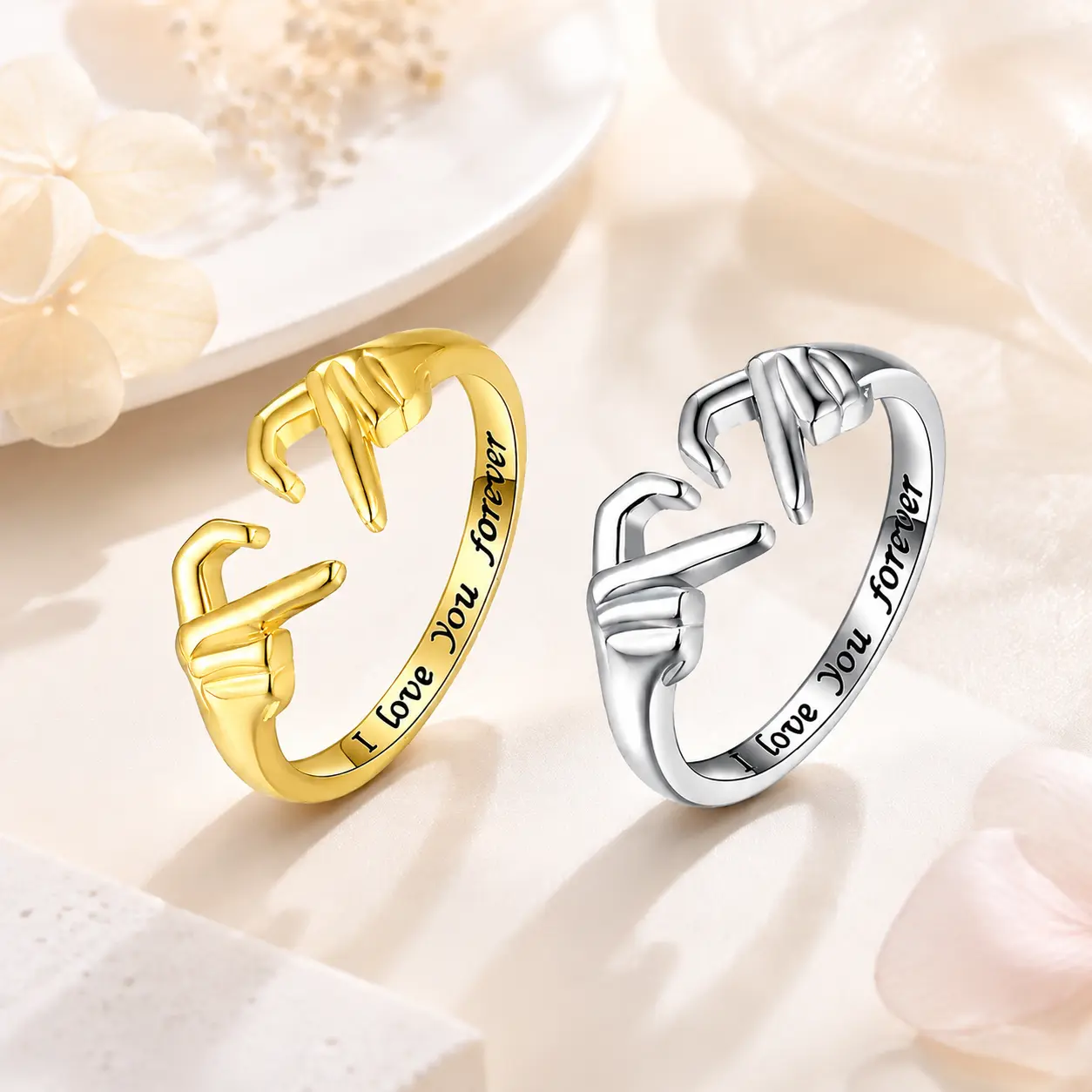 Hand Heart Ring, Adjustable Engraved Love Heart Ring - I Love You Forever, Promise Ring, Perfect Gift for Couple,Friend,Family
