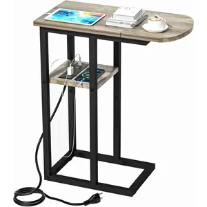 C Table End Table with  Station, Couch C Shaped Side Table for Living Room, Bedroom, Laptop Table with USB Ports and Type-C Port, Snack Tray Table for Couch