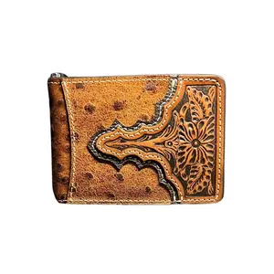 Ariat Men’s Bi-Fold Wallet – Ostrich Pattern Leather with Floral Embossed Tab