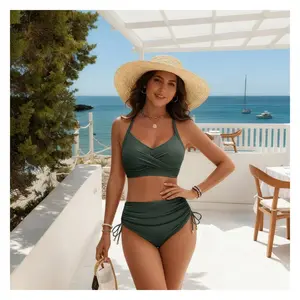 2026 New Olive Green Bikini Set For Women - Halter Swimsuit, High Waisted Ruched Tie Side Bottoms, Tummy Control, Two Piece Bathing Suit For Summer Beach Pool
