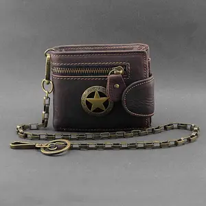 Star Genuine Leather Zipper Card Money Men's Wallet With chain