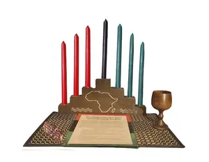Kwanzaa Celebration Set- Africa Engraved Continent Kwanzaa Kinara Set (15x6)