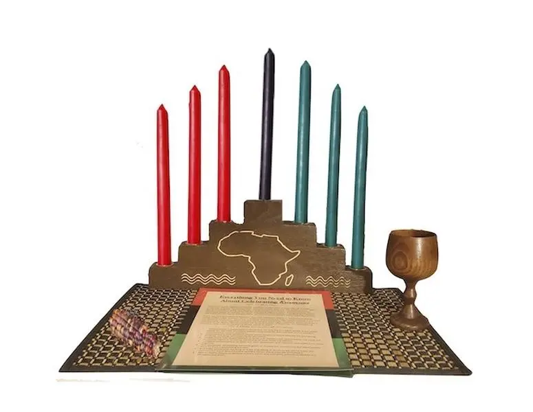 Kwanzaa Celebration Set- Africa Engraved Continent Kwanzaa Kinara Set (15x6)